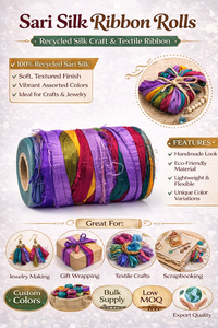 ริบบิ้นผ้าไหมส่าหรีหลากสีแบบม้วน ไหมรีไซเคิลสำหรับงานฝีมือ ไหมแฟนซีป้องกันการเป็นขุย สำหรับถักมือ ปักลาย ทำเครื่องประดับ - Product Image 6