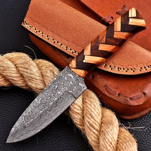 Couteau de chasse à lame fixe en acier Damas, manche en bois d'olivier, couteau de camping et d'extérieur OEM avec étui - Product Image 5