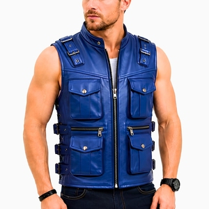Chaleco de Cuero Azul para Motociclista, de Alta Calidad, para Hombre, con Múltiples Bolsillos - Product Image 1