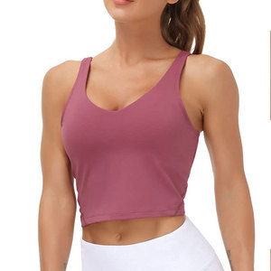 Women V-Neck Spaghetti Strap <b>Crop</b> <b>Top</b> Solid Color Breathable Yoga Tank <b>Top</b> Medium Support Seamless Activewear - Product Image 1