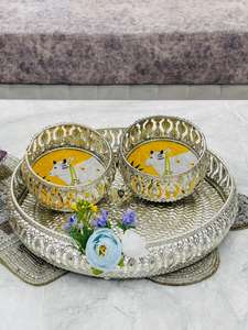 Luxurious Look Gold Coloured Brass Bowl Tray Set Handmade Rajasthan AARNA COLLECTION for Wedding Anniversary Gift <b>Red</b> Velvet <b>Box</b> - Product Image 3