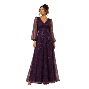 <b>Purple</b> Long Ruffle Sleeve Sequined V-Neckline Floor Length <b>Dress</b> Spring/Summer <b>Party</b> Wear Gown Breathable Elegant Organza <b>Dress</b> - Product Image 1