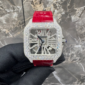 Montre à cadran squelette avec diamants Moissanite taille ronde, bracelet en caoutchouc rouge, montre Hip Hop personnalisée, mode pour hommes - Product Image 1