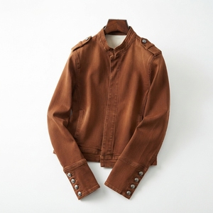 Blouson moto en jean tricoté boutonné pour femme, style vintage, respirant, écologique, col montant uni, coupe ajustée, décontracté rétro, automne - Product Image 6