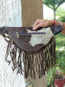 Riñonera de piel de vaca cosida a mano en cinturón de bolsillo de cadera negro cinturón de bolsillo de cintura flecos cinturones de flecos de pelo de vaca - Product Image 5