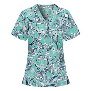 Belles blouses d'uniforme d'infirmière avec impression irrégulière, chemisier d'été col V à manches courtes pour femmes avec poche, 2019 - Product Image 1