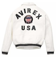 Blouson aviateur en cuir blanc pour homme Avirex, coupe-vent, fermeture éclair, col montant, logo brodé sur le devant, doublure en sherpa pour l'hiver, finition délavée