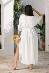 Vestido Kaftán de Lino Blanco, Vestido Midi de Lino Oversize, Vestido Minimalista para Resort, Vestido Holgado de Lino para Verano, Cubrebaño de Playa para Mujer - Product Image 2