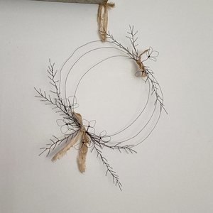 Minimalist Delicate Wire Wreath Featuring Fine Floral Elements And Cream Fabric Ribbons Perfect For Rustic Elegant Wall Art - Product Image 1