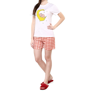 Women's <b>2</b> <b>Piece</b> Shorts <b>Set</b> <b>White</b> Cartoon Moon Elephant Printed Red Checkered Shorts 100% Cotton Breathable Casual Spring Summer - Product Image 2