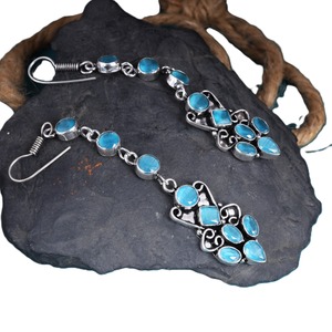 Pendientes Largos de Latón con Piedra Azul, Estilo Boho Tribal, a la Moda |   Pendientes Colgantes Étnicos Plateados Antiguos al por Mayor para Mujer - Product Image 4