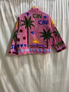 Vintage Inspired Pink Velvet Embroidered Art Jacket Women Palm <b>Tree</b> Sun Heart Pattern Bohemian Full Sleeve Long Jacket - Product Image 2