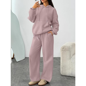 Conjunto de Sudadera Oversize Lisa para Mujer y Pantalones de Chándal de Pierna Ancha de Algodón Afelpado, Estilo Urbano, Proveedor Mayorista - Product Image 3