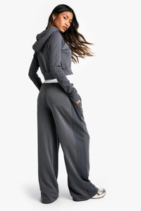 Conjunto Deportivo Personalizado para Mujer, Sudadera Corta con Capucha y Cremallera, Pantalones Largos, Color Gris Sólido, Transpirable, Ligero, de Algodón - Product Image 5