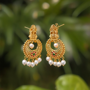 Small Pearl Lakshmi Chandbali Hoop Drop Stud Earrings for Party - Product Image 3