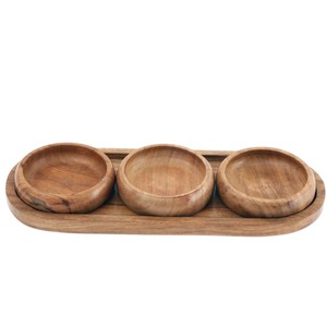 Plateau de service artisanal en bois d'acacia avec 3 bols à trempette – Design moderne et écologique – Ensemble de condiments pour apéritifs et fêtes à domicile - Product Image 5