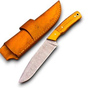 Cuchillo de Caza de Acero de Damasco con Hoja de Punta Caída, Mango de Madera y Funda de Cuero, Afilado como una Navaja, para Uso en Exteriores - Product Image 1