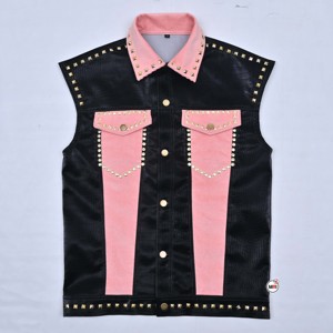 Gilet en cuir PU rose et noir pour homme, style crocodile, avec rivets décoratifs, col rabattu, simple boutonnage, vêtement d'extérieur, style printemps - Product Image 4