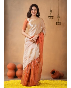 Sari Tradicional de Seda para Mujer KV, Color Naranja con Bloques de Color, Diseño Pintado a Mano, para Fiestas, Blusa Sin Costuras, Reversible, de Secado Rápido y Antiarrugas - Product Image 6
