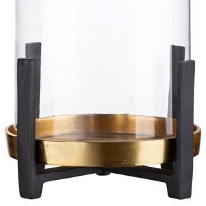 <b>Glass</b> <b>Hurricane</b> Candle Holder Featuring A Gold Base And Black Metal Stand Holding A Pillar Candle For Modern Tabletop Decoration - Product Image 4