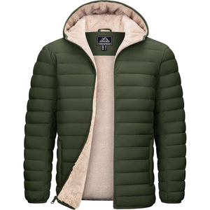 <b>Men</b> Winter Hooded Puffer <b>Jacket</b> Windproof Zipper Closure Casual Thick Polyester Fleece Lining <b>Sherpa</b> Inner Green <b>Men's</b> <b>Jackets</b> - Product Image 1