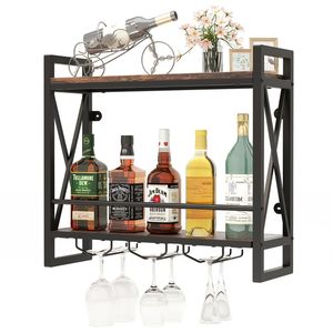 Moderno Estante de Vino de Madera Maciza para Montar en la Pared con 2 Niveles y 3 Soportes para Copas, para Exhibición en el Comedor - Product Image 4