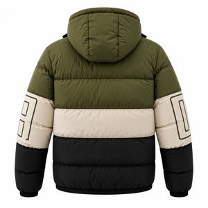 Men's Winter Color Block Hooded Puffer Jacket With Letter Print Zip-Up Stand Collar Windproof Casual Outerwear - Product Image 5