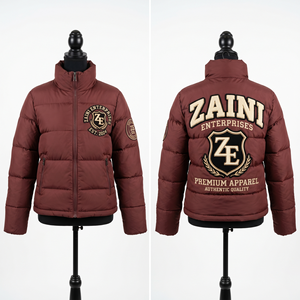 Veste matelassée pour femme, 380 GSM, tissu polyester Taslon, marron, design à panneaux matelassés, broderie personnalisée, patch en chenille, OEM ODM - Product Image 1