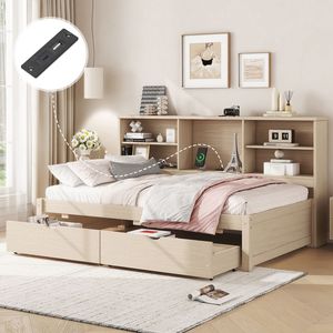 Struttura letto singolo con librerie laterali e due cassetti, porta USB integrata, colore naturale - Product Image 4