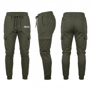 Pantalon de jogging décontracté pour homme en coton vert olive avec cordon de serrage à la taille et plusieurs poches, idéal pour l'automne - Product Image 1