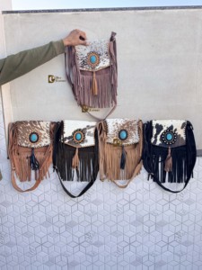New Arrival Suede Leather Fringe Handbag Western Hair On Hide Cross Body Gems Stone Women Sling <b>Unique</b> Designer Purse - Product Image 5