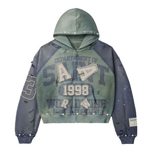 Custom 400gsm Winter Woven Vintage <b>Oversize</b> Distressed Rhinestone Acid Wash 100% Cotton Quick Dry Tracksuit Flared <b>Jogger</b> - Product Image 4