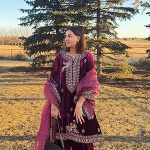 Front and Back Embroidered Velvet <b>Kurti</b> Palazzo Set with Twill Net Dupatta Elegant Fully Stitched Luxury Festive Party Wear - Product Image 4