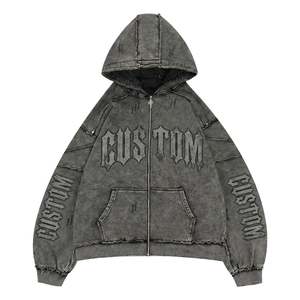 <b>Men's</b> Oversized Washed <b>Grey</b> <b>Zip</b> Up <b>Hoodie</b> Gothic Letter Print Raglan Sleeve Pocket Hooded Sweatshirt - Product Image 1