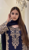 Ensemble Kurti Palazzo Dupatta en Georgette bleu foncé avec broderie de sequins, tenue de soirée élégante, robe ethnique pour femmes