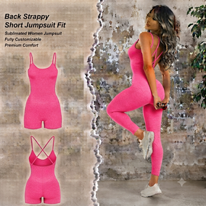 Combinaison courte rose pour femme, dos nu, taille haute, sans manches, bretelles spaghetti, couleur unie, respirante, extensible, tenue de sport - Product Image 1