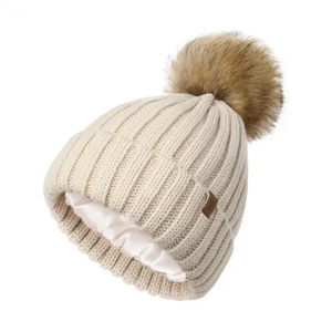 Unisex Light Gray <b>Knitted</b> <b>Beanie</b> With Brown Pom Pom 100% Acrylic Winter Hat Casual Adult 56-58CM Handmade Outdoor Style - Product Image 4
