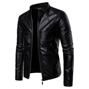 Chaqueta de Cuero PU para Hombre, Corte Ajustado, Cuello Alto, Cierre de Cremallera, Estilo Motero, Otoño 2026, Largo Regular, Color Negro Sólido - Product Image 1