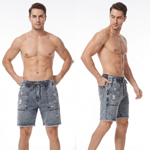 Summer <b>Men</b> Denim Ripped Shorts <b>Jeans</b> Street Fashion Denim <b>Jeans</b> Shorts <b>Men's</b> <b>Drawstring</b> Waist Denim Street Shorts <b>Mens</b> - Product Image 1