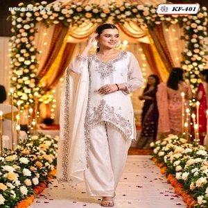 Conjunto de Kurti-Pantalón y Dupatta de satén de alta calidad con bordados, de longitud corta, con diseño Up-Down y borde elegante. Proveedor mundial. - Product Image 1