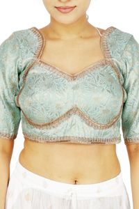 Blouse Courte Femme en Soie Brocart Brodé Floral Vert Clair 100% Soie, Col Carré, Manches Courtes, Robe de Soirée pour Lehenga - Product Image 4