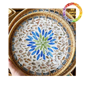 Bandeja de Té de Ratán con Incrustaciones de Conchas Coloridas |   Accesorio de Mesa Hecho a Mano para Salas de Té, Cafeterías y Uso Doméstico - Product Image 3