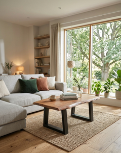 Mesa de centro con patas plegables de hierro/madera, tablero de borde natural, color negro/natural, de madera de acacia, precio al por mayor - Product Image 1