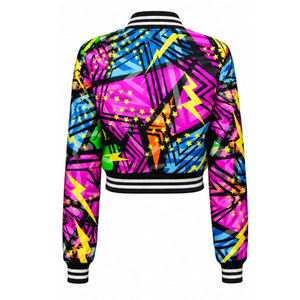 Geometric Print Varsity Jacket <b>Women's</b> Short Crop Bomber <b>Coat</b> Full Sleeve Turn-down Collar Polyester <b>Spring</b> Style - Product Image 3