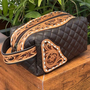 Factory Wholesale Diamond Lattice Hand Tooled Quilted Leather Travel Cosmetic <b>Bag</b> Makeup <b>Bag</b> Multifunctional Travel Toiletry <b>Bag</b> - Product Image 6