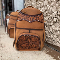 Hakiki Deri Malzeme Vintage Sırt Çantası Çiçek Desenli Fermuar Kapatmalı 20-39L Laptop Bölmesi Unisex Yumuşak Sırt Çantası Omuz Askısı