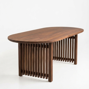Table à manger ovale moderne en bois massif avec base à lattes, mobilier minimaliste pour café, restaurant et maison - Product Image 3