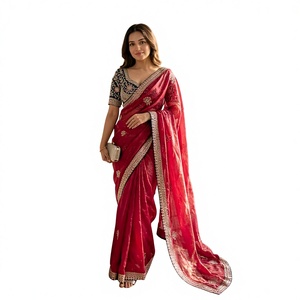 Sari en satin Fendy au design exclusif, chemisier élégant, tenue ethnique chic et tendance, dernière mode indienne, vêtement de fête modeste pour femme - Product Image 1