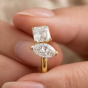 Anillo de compromiso Toi Et Moi con dos diamantes cultivados en laboratorio de corte marquesa y Asscher de 2.50 TCW, oro macizo de 10K, 14K, 18K, joyería fina. - Product Image 3
