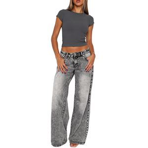 Pantalones vaqueros antiarrugas de pierna recta de cintura alta para mujer, pantalones vaqueros informales transpirables con botones delanteros holgados para verano - Product Image 1